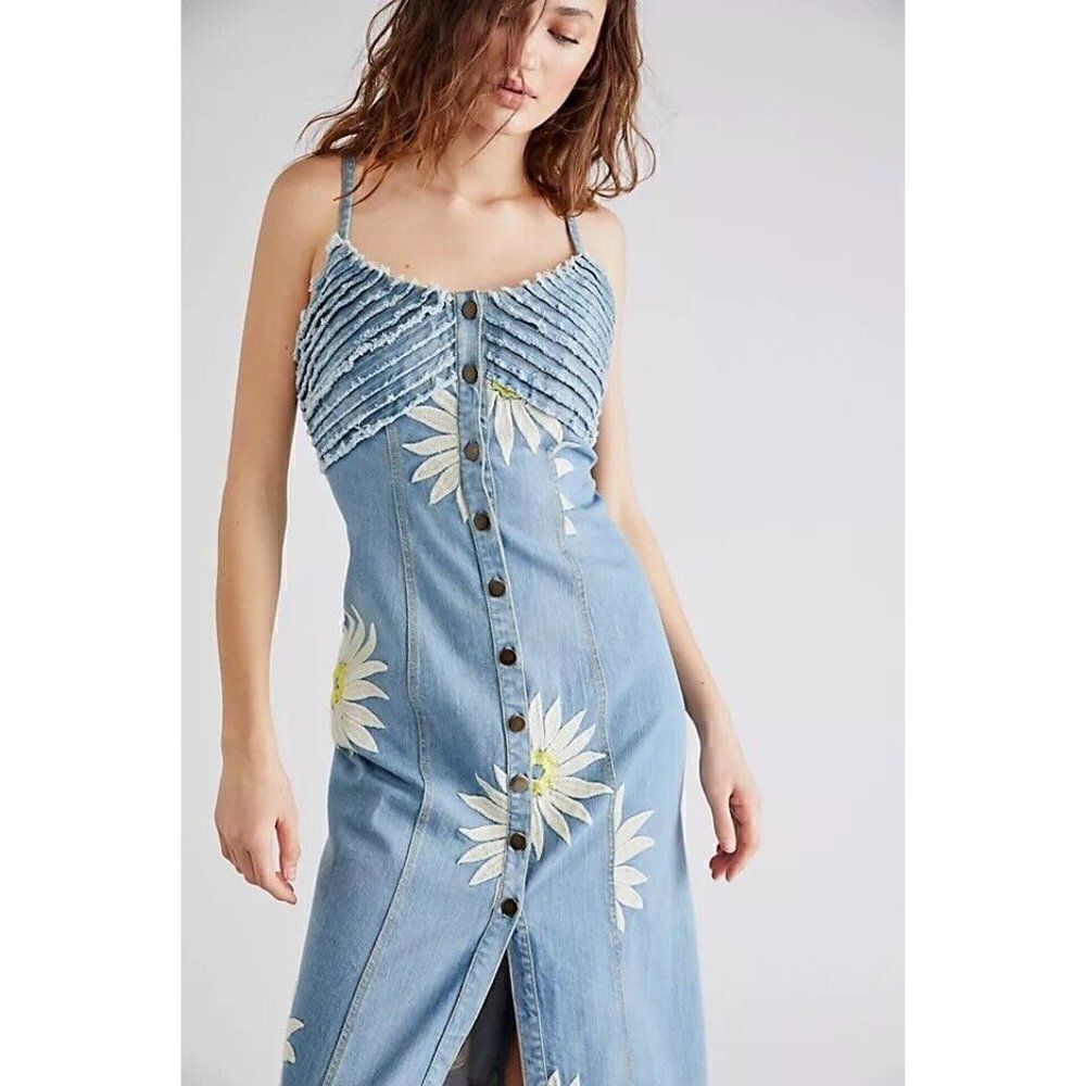 NWT FREE PEOPLE MAISIE MIDI DRESS DENIM EMBROIDERED BUTTONDOWN JEAN DRESS - Picture 3 of 4
